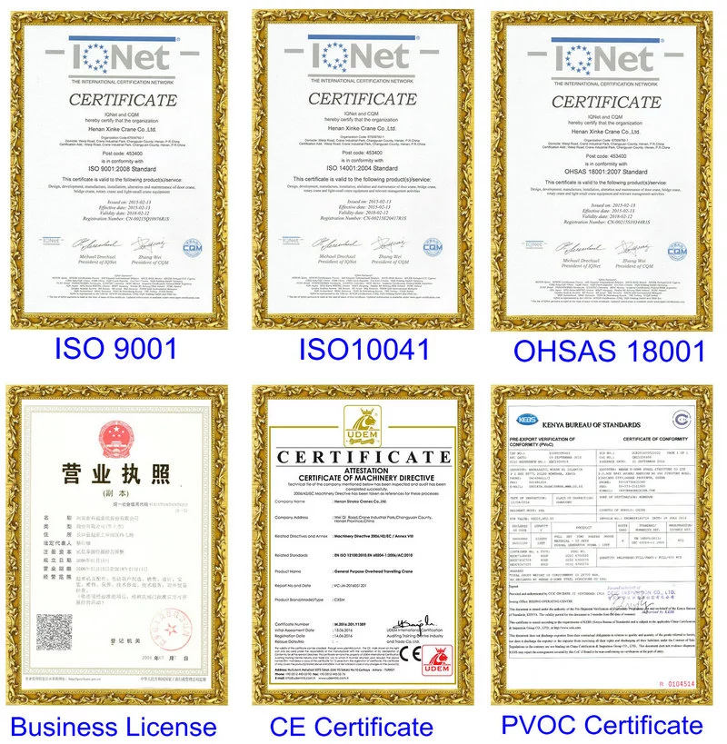 10 Ton Overhead Crane certificate