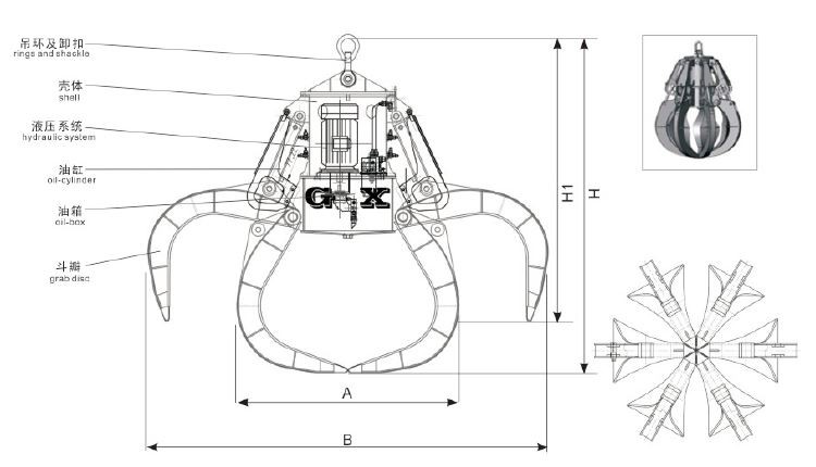 Excavator Hydraulic Orange Peel Grab Steel Scrap Grapple drawing